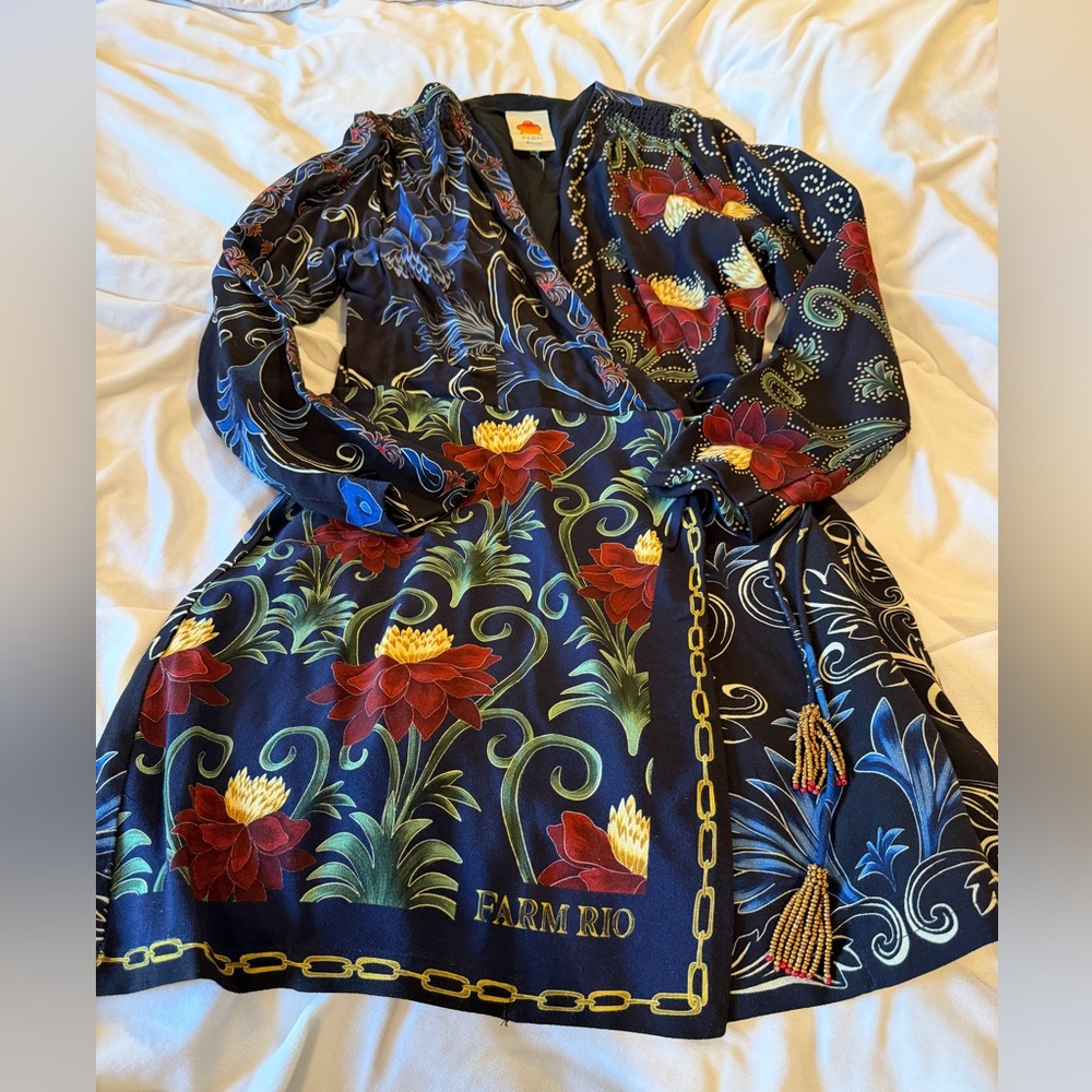 FARM Rio Black Floral Wrap Mini Dress with Multicolor Print - Picture 6 of 9